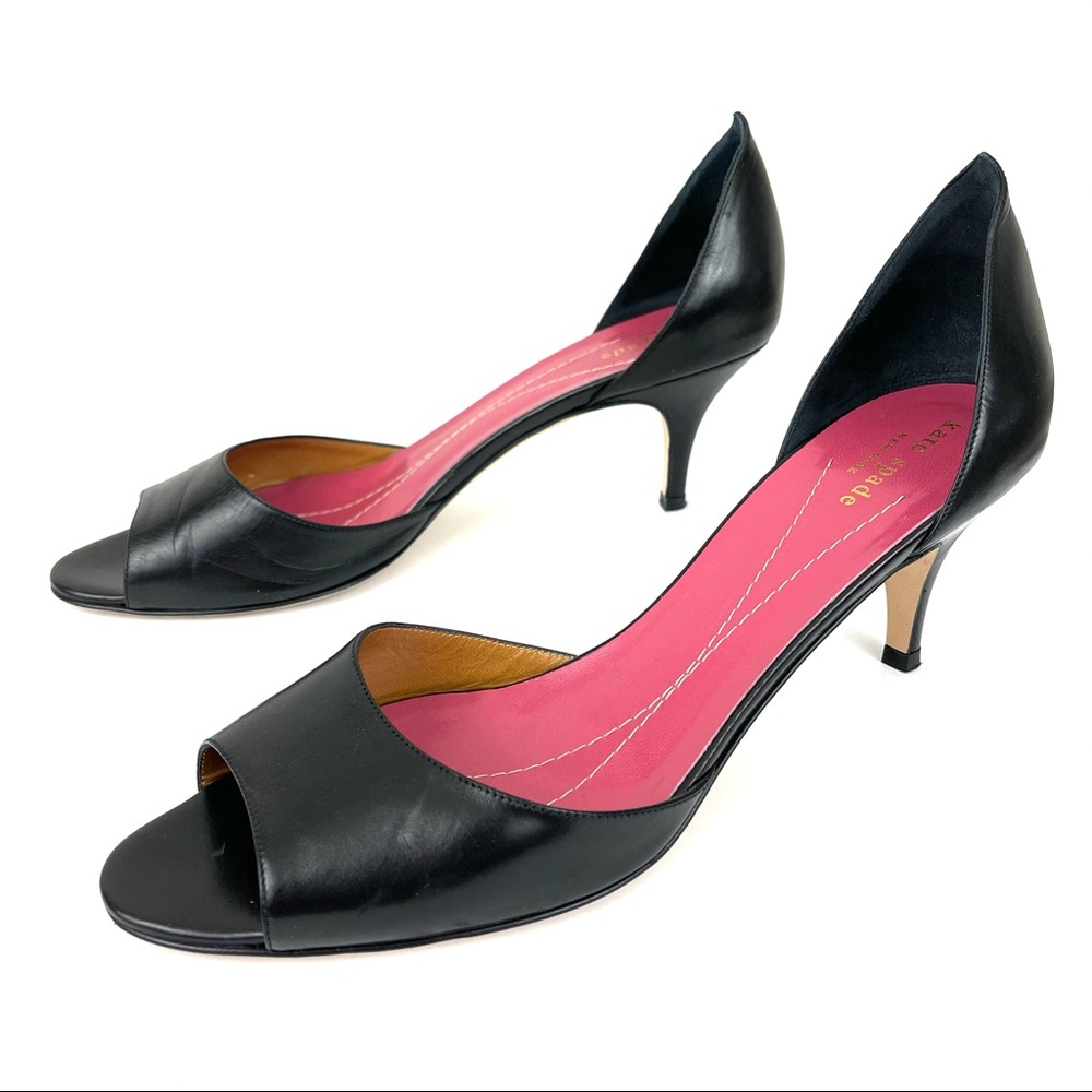 kate spade Black Leather Open-Toe Kitten Heel Pumps with Pink Insole